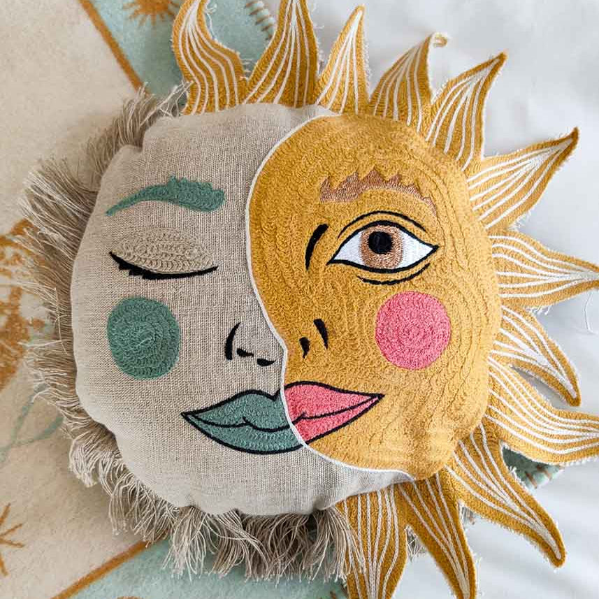 Sun & Moon Embroidered Cushion - Front