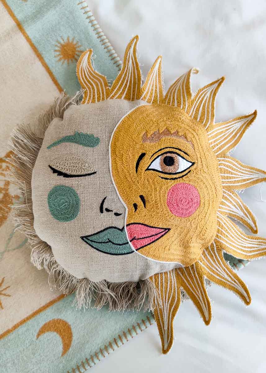 Sun & Moon Embroidered Cushion - Front